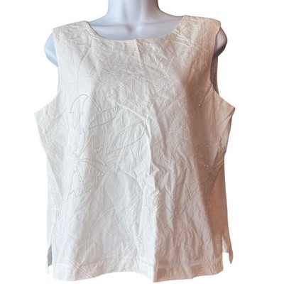 Halogen Embroidered Beaded Cotton Sleeveless Top Blouse White Womens Medium