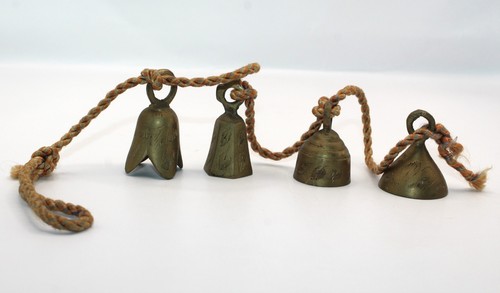 VTG Etched Brass Bells of Sarna India Set Of 4 On Braided Rope Beautiful Tones