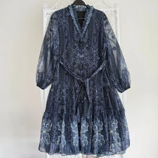 Kobi Halperin Dress XS Blue Paisley Boho Long Sleeve Belted Whimsical  Romantic