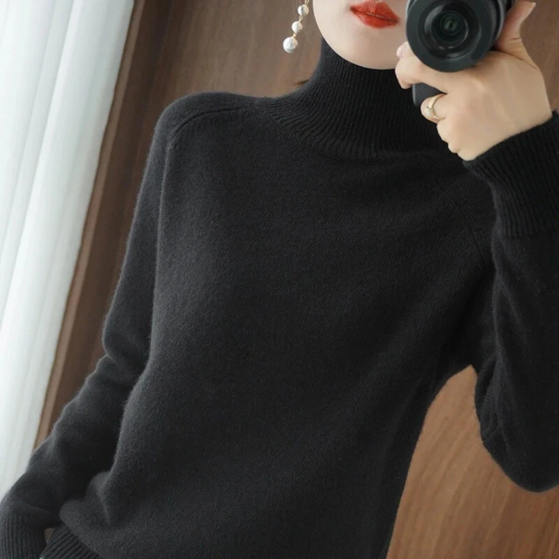 Women Autumn Winter Turtleneck Sweater Slim Solid Knitted Cashmere Pullover UK - Image 4 of 4