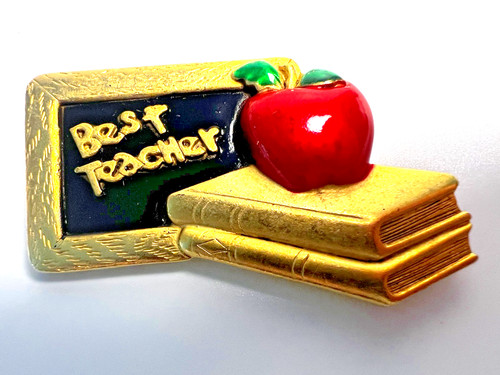 Signed AJC Vintage Pin Best Teacher Gold Tone Red Apple Books Chalkboard School