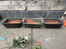 Restposten 3 Keramik Bonsai Töpfe glasiert grün gemischt rechteckig