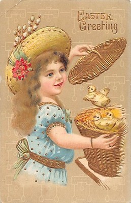 EMBOSSED EASTER PC ~ GIRL IN BLUE, CHICKS IN BASKET  Pub. A.S.B. #294, used 1909