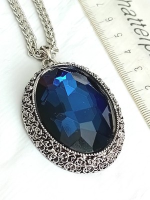Lange Kette groß oval blau Glas & silberfarben Anhänger Halskette 76 cm C418