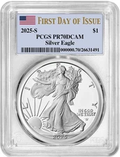 2025-S Proof $1 American Silver Eagle PCGS PR70DCAM FDOI Flag Label - Presale
