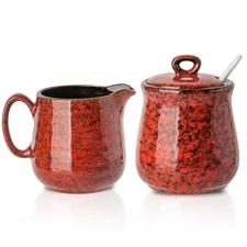 Ceramic Sugar and Creamer Set, 11 Ounce Sugar Bowl with Lid and Spoon, 10 Oun...