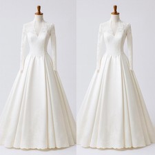 Vintage Satin Wedding Dresses Long Sleeves V Neck Full Length Ruched Bridal Gown