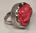 Antique Sterling Silver Carved Coral Rose Flower Ring Edwardian Size - 5.25