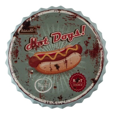 Blechschild Kronkorken ''Hot Dogs'' Burger King McDonalds Fastfood Imbiss Ø50cm 