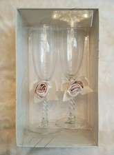 Lillian Rose Wedding Toasting Flutes Champagne Glasses Pink/Ivory Satin Rose NIB