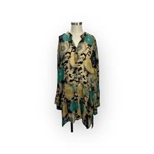 Citron Of Santa Monica Turquoise Black Ecru Burnout Floral Velvet Tunic Top 1X