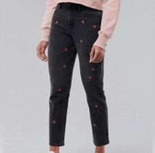 Hollister Black Embroidered Rose Curvy High Rise Mom Jeans  25