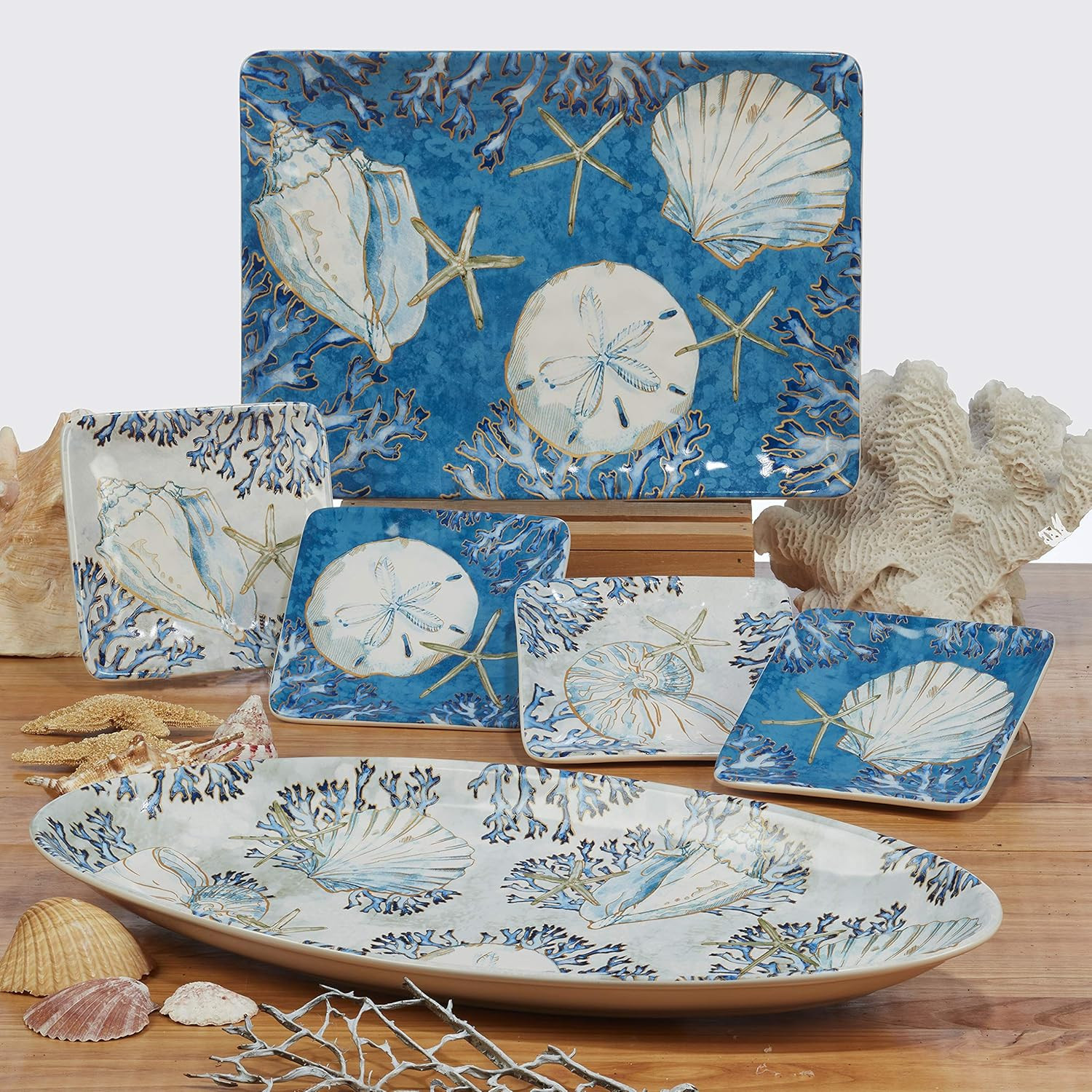 Coastal 16-Piece Dinnerware Set for 4 - Beach Shell Art Ceramic Plates & Mugs