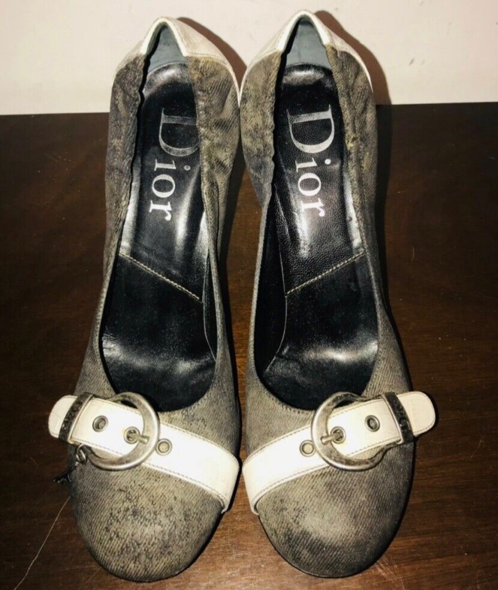 Christian DIOR Gray Distressed Denim Logo Silver Buckle