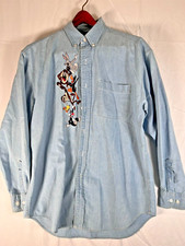 VINTAGE Warner Brothers Chambray Shirt Mens M Blue Looney Tunes Bugs Bunny Cat