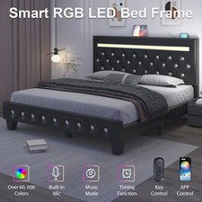Queen Size Bed Frame with LED Lights and Charging Station