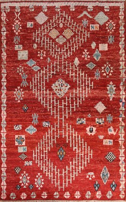 Memorial Sale! Geometric Moroccan Red Rug Hand-Knotted Wool 6x9 for Bedroom