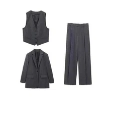 Women's Autumn Slim Stripes Vest Wide Leg Pants 2pcs Formal Business Office Wear