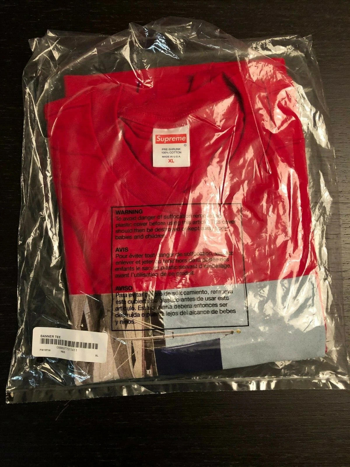 FW19 SUPREME BANNIÈRE T SHIRT ROUGE TAILLE EXTRA LARGE XL T SHIRT