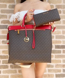 Michael Kors Jet Set Large Tote Brown MK Logo Flame Red + Continental Wristlet - Click1Get2 Promotions&set=par&sort_by=best Match
