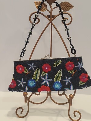 Unbranded Beaded Evening Bag Beaded Black Floral