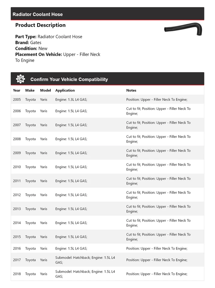 适用于 2005 - 2018 年丰田 Yaris 散热器 冷却液软管门 2006 2007 2008 2009 2010 — 第 2/4 张图片