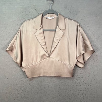 Zara Womens Medium Satin Champagne Cropped Blouse Lapel Collar & Short Sleeve