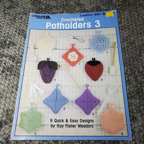 Vintage 1989 Leisure Arts Crocheted Potholders 3 Pattern Leaflet 9 Designs