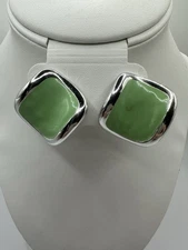 Green Enameled & Silver Tone Square Metal Clip Earrings Costume Jewelry