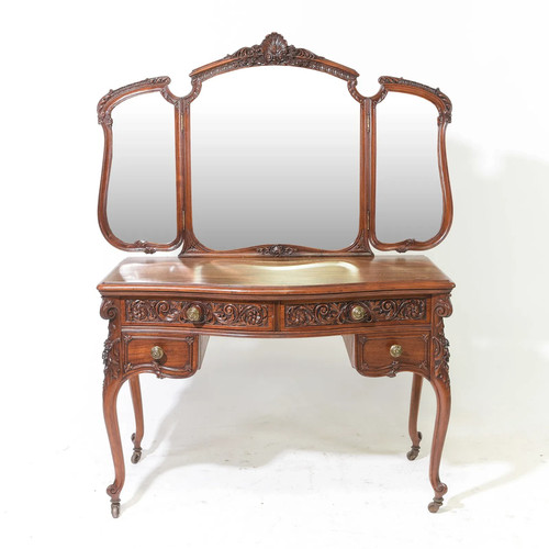 Antique Louis XV Style Mahogany Dressing Table / 3-Way Mirrored Vanity