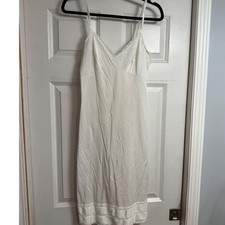 Vtg White Nylon Full Slip Lace Trim V-Neck Adjustable Straps Lingerie Sz small