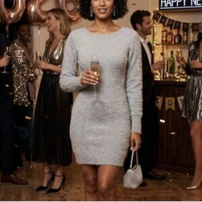 Harper Heritage Womens Fuzzy  Size S Gray Grey Sweater Dress Bodycon Long Sleeve