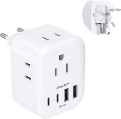 European Travel Plug Adapter Foldable 4 Outlets 4 USB Ports US to EU Type C