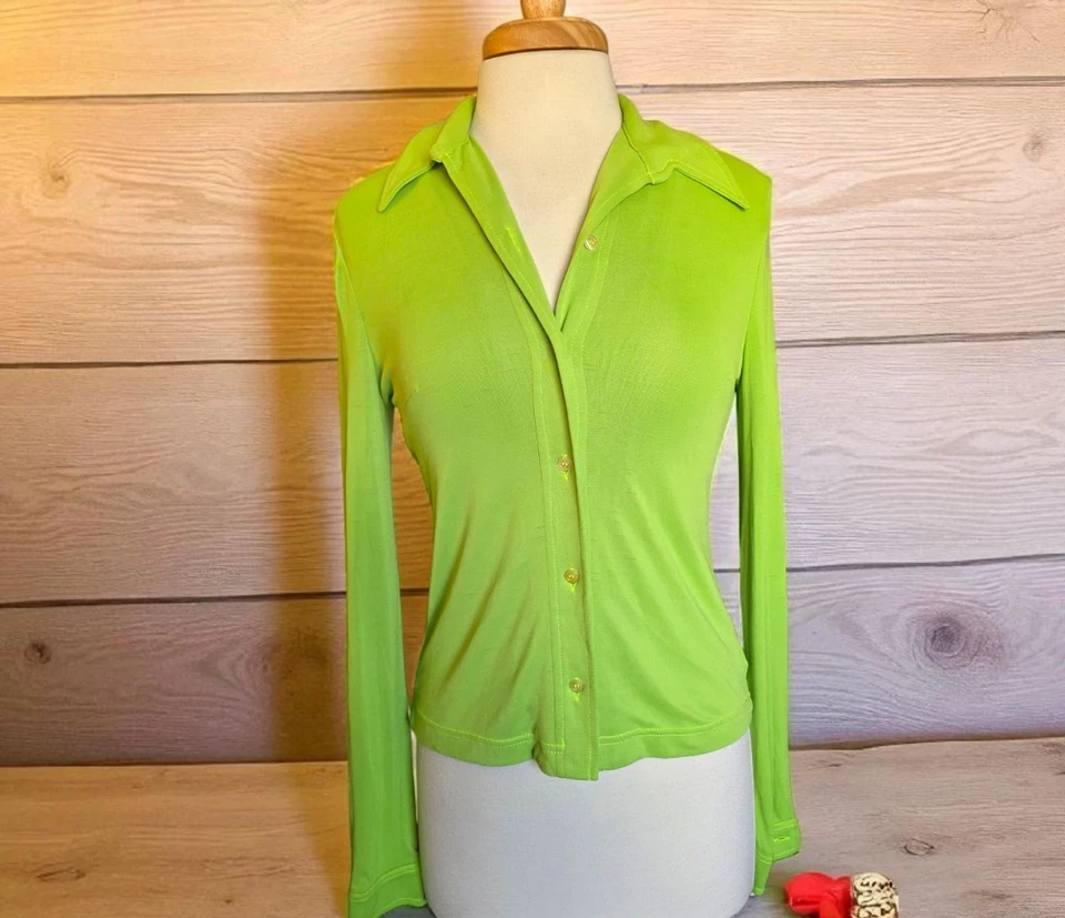 Dolce & Gabbana Jeans Women’s XS Sheer Lime Green Button Blouse Top Italy Y2K - Image 2 of 4