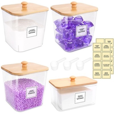 4 Pack Laundry Pods Container and Dryer Sheet Holder with Bamboo Lids, Laundr...