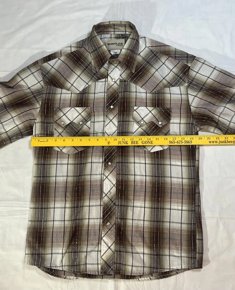Camisa Rustler Wrangler De Colección Para Hombres Mediana Cuadros Perla Occidental A Presión Metálica Años 90 Foto 4 de 4
