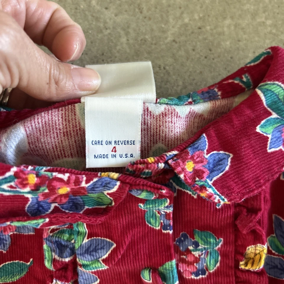 Vintage Oshkosh Red Floral Dress Sz 4 Corduroy Peter Pan Collar Puff Sleeve - Image 4 of 4
