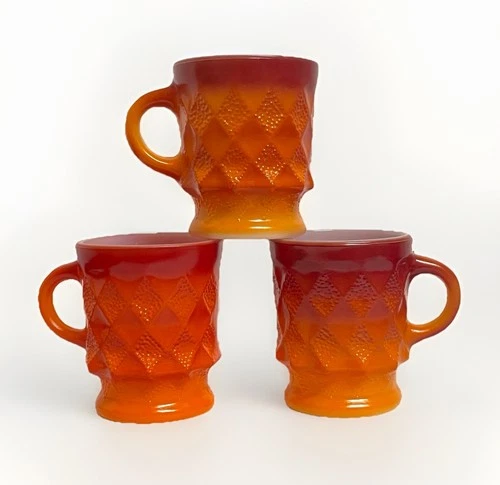 3 ct VTG Anchor Hocking Fire King Kimberly Coffee Cups Mugs Diamond USA Orange