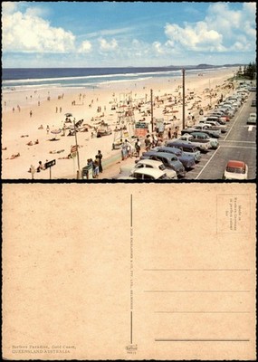 Gold Coast Surfers Paradise, belebter mit Parkplatz und Oldtimern 1960
