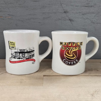 Vintage WAFFLE HOUSE Thick Heavy DINER Coffee Mugs - Set Of 2 Different TUXTON