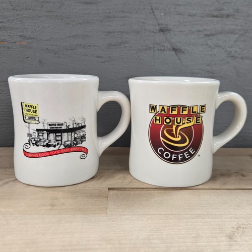 Vintage WAFFLE HOUSE Thick Heavy DINER Coffee Mugs - Set Of 2 Different TUXTON