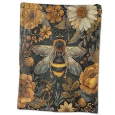 Buzzing Bee Floral Throw Blanket, Vintage Flower Bumblebee 80x60 in Bee 01