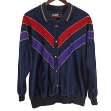 Vtg Velour Mod Blue Y2K Jaclyn Sport Track Sweater Sweatshirt Sz L Faux Button