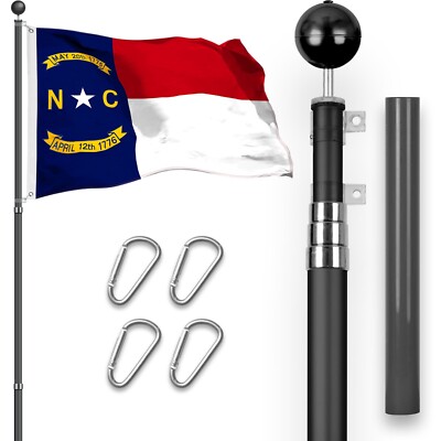 Combo: 16Ft Telescoping Flagpole Black & North Carolina Flag 3x5Ft Emb SpunPoly