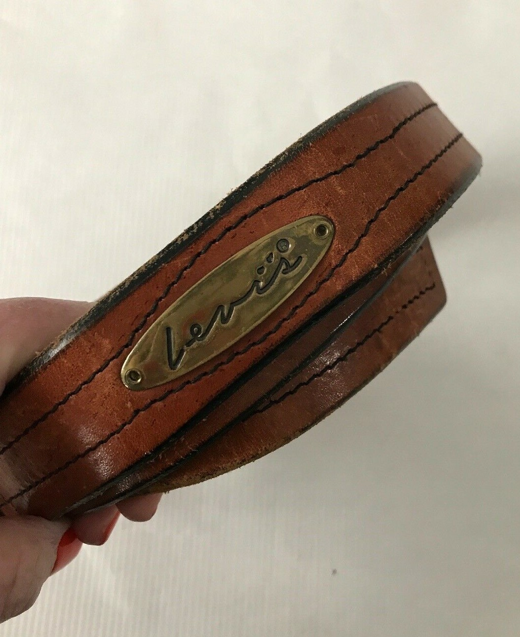 Levi's Men's Belt Brown Leather Vintage Brass Buckle Stitching Design