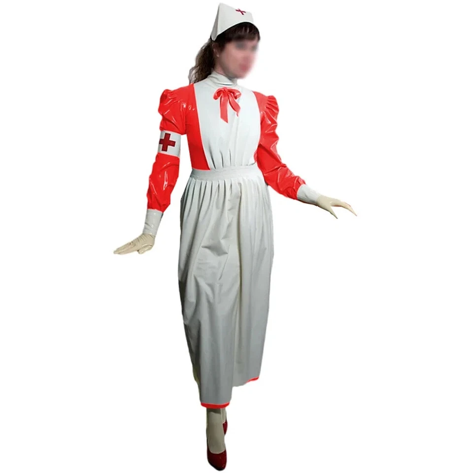 Sissy Long Nurse Dress Outfits Latex Look Nurse Uniforms Puff Long Sleeved - Image 4 of 4