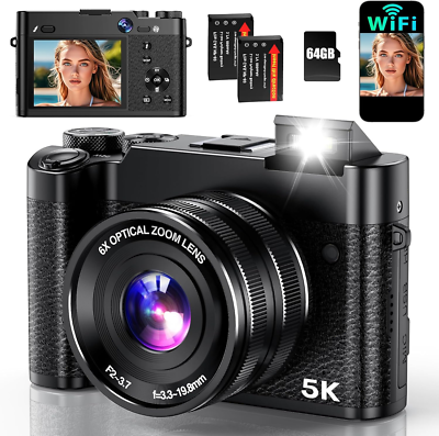 64MP 5K Digital Camera with 6X Zoom, Autofocus & Dual Lenses for