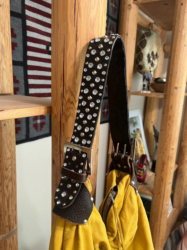 Tylie Malibu Tan Leather Bag Hobo Purse Studded Crystal Pierced Strap - Image 4 of 4