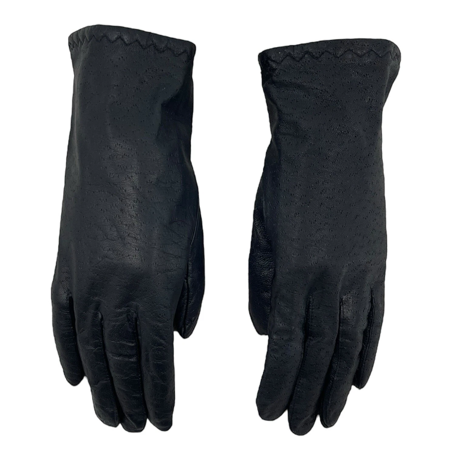 Vintage 70s 80s Gloves Womens L 7.5 Leather Wrist Lined Perforated Ladies BLACK