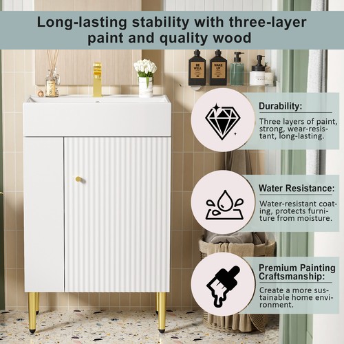 21.6" White Bathroom Vanity Combo Cabinet Single Ceramic Sink Left Side Storage - 第 17/19 張圖片